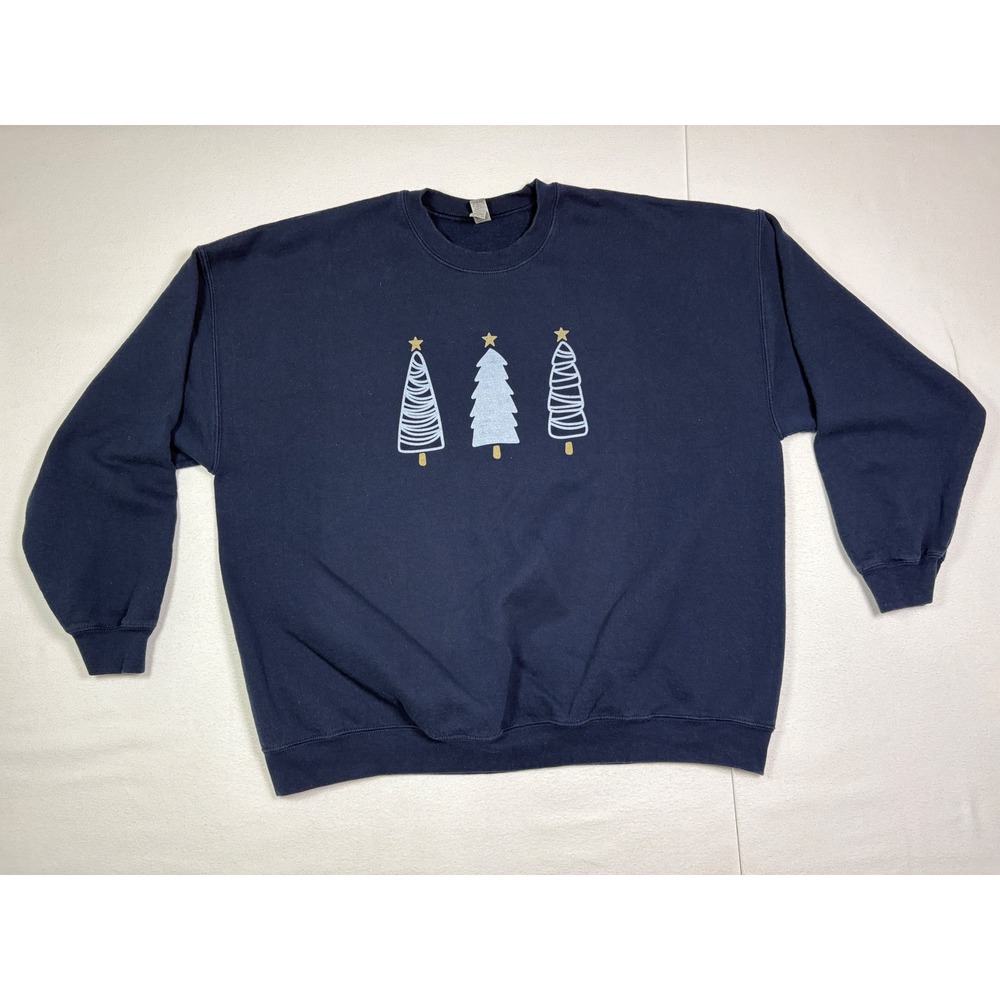 Gildan Navy Blue Christmas Tree Graphic Sweatshirt Womens 3XL Heavy Blend Fleece